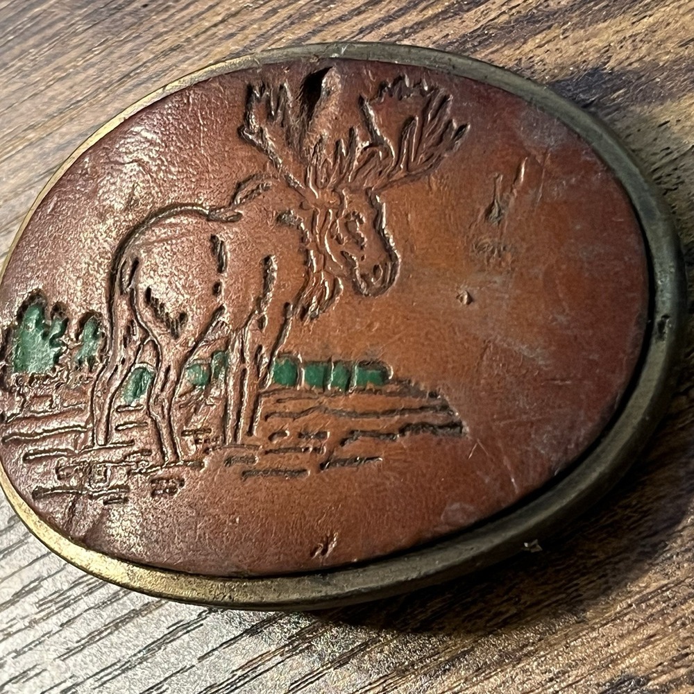 Vintage Moose In Wilderness Leather Stamped Design Belt Buckle Made In USA - Picture 4 of 6